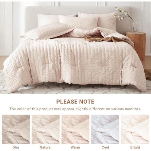 Beige Queen Size MUXHOMO 7 Pieces Queen Comforter Set, Seersucker Bed in a Bag Queen Size, All Season Luxury Bedding Set with Comforter, Flat Sheet, Fitted Sheet, Pillowcases & Shams, Beige