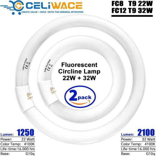 FC8T9/CW 22W and FC12T9/CW 32W Cool White Set, 8 inch T9 22 Watts Circular Light Bulbs, 12 inch 32 Watts Circline Fluorescent Bulb Round Ring Bulb CRI 80, G10q Prong