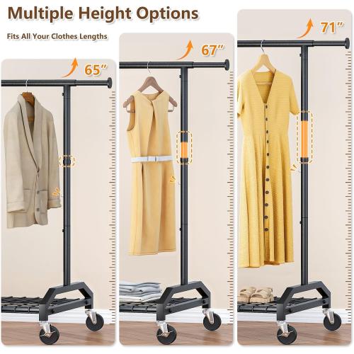 Wiracks Heavy Duty Clothes Rack for Hanging Clothes 350lbs Clothing Rack 3 industrial Wheels 51 to 71 W x 16.53 D x 65 to 71 H Adjustable Rolling Clothes Rack Coat Rack Garment Rack Black