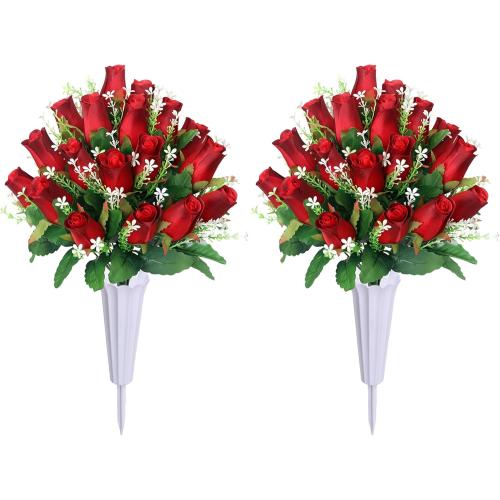 Artificial Cemetery Flowers for Grave,2Pack Memorial Roses Bouquets with Vase for Grave Tombstone Decorations (Red)