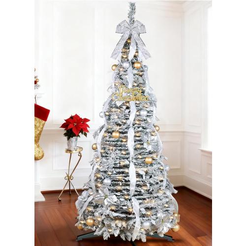6 Ft Flocked Pop up Christmas Tree,Prelit 200 LED Lights,Opens Instantly,Fully Decorated 80 Ornaments,8 Mode Warm White Light & Timer,Foldable Xmas Tree Fire-Resistant Collapsible Outdoor Indoor Decor