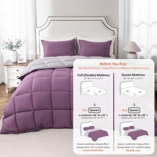 KASENTEX Queen Comforter Set – Reversible Dual Color – Goose Down Alternative – Ultra-Soft, Lightweight, Machine Washable, Maintain Fluffiness, All Season Warmth (Grape Jam/Gull)