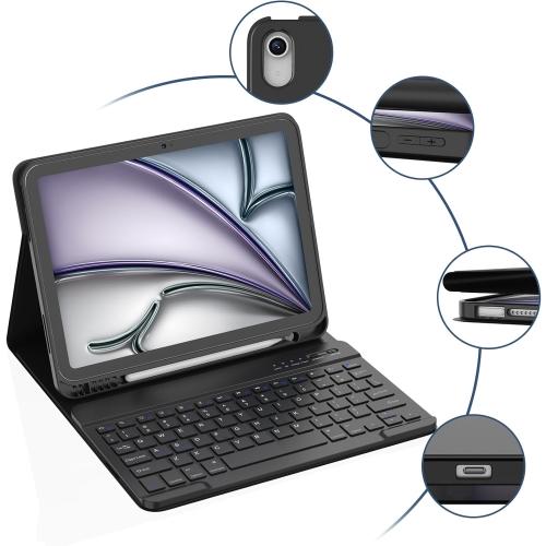 KBCASE for iPad Air 11 inch (M4/M3/M2) 2026/2025/2024 Case with Keyboard, Keyboard Case for iPad Air 5th/4th Gen/for iPad Pro 11 2018, Detachable Wireless Keyboard Case with Pencil Holder(Black)