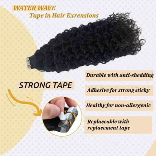 Water Wave Tape in Hair Extensions Human Hair for Black Women, Tape ins 100% Real Human Hair Extensions Double Sided 24Inch Black Tape on Human Hair Skin Weft Wavy Human Hair Extensions 50G 20PCS