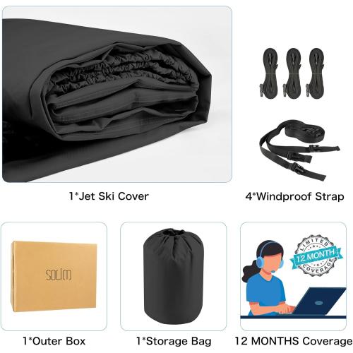 Grey and Black Solim Trailerable Jet Ski Cover, 1200D PU Oxford Waterproof Jetski Cover, Heavy Duty Marine Grade Polyester PWC Cover with Reflective Air Vent & Strap for Yamaha Sea-Doo Kawasaki 2-3 Seater