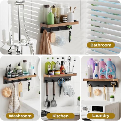 Shower Caddy Adhesive with 5 Hooks & Drainage, No-Drill, Wood