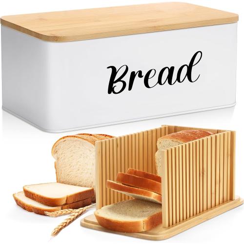 Bread Box with Bread Slicer Storage Container for Kitchen Countertop Food Storage with Multifunction Bamboo Lid, 3 in 1 Breadbox Removable Cut Board for Loaf Slicing (White,Wood, Metal,Bamboo)