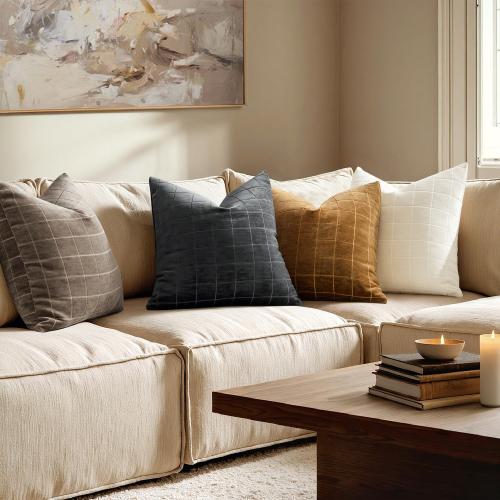 MIULEE Decorative Chenille Check Throw Pillow Covers Vintage Plaid Couch Pillows 20x20 Inch Set of 2 Neutral Boho Farmhouse Cushion Covers Modern Home Decor for Sofa Bed Living Room Black