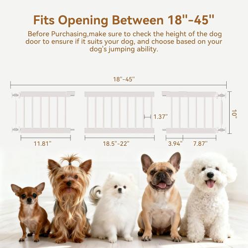 Dog Gate - 18-45 Adjustable Extra Wide Metal Baby Gate to Step Over, 10 Tall Small Pet Gate with 3 Extension Kits, Pressure Mounted for Doorways & Stairs