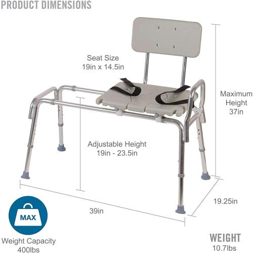 Color Silver DMI Tub Transfer Bench and Shower Chair with Non Slip Aluminum Body, FSA Eligible, Adjustable Seat Height and Cut Out Access, Holds Weight up to 400 Lbs, Bath and Shower Safety, Transfer Bench