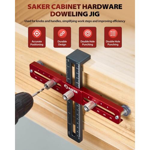 Saker Cabinet Hardware Doweling Jig - Cabinet Handle Template Tool for Knobs and Pull - Adjustable Self Centering Punch Locator Precise Woodworking Drill Guide (6.5 Jig Saw)