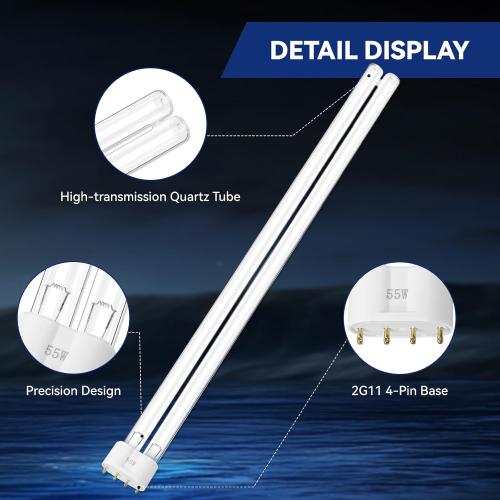 2 Pack 55 Watts UV Light Bulb, 2G11 Base-4 Pin for Koi Pond & Aquarium Clarifiers, Compatible with Oase Bitron 55/110, Aqua Medic Helix Max 55, Jebo, Jebao pu55, cw55, SUNSUN 55W