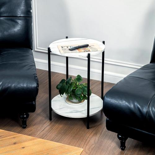 Faux Marble End Table White Black Side Table Marble Nightstand for Living Room or Bedroom Modern Accent Table with Black Metal Frame (1 pcs Black, Round)