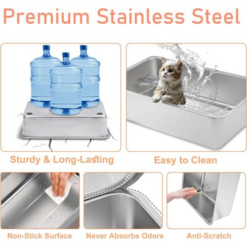 Stainless Steel Litter Box with Lid, Covered XL Extra Large Cat Litter Box Enclosure, Metal Kitty Litter Boxes with High Sided, Litter Scoop and Filter Pedal, Anti-Leakage, Non-Stick, Easy to Clean