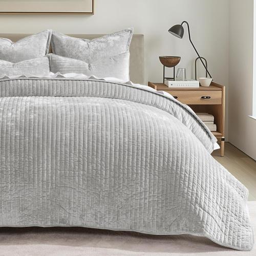 EVERGRACE Velvet Quilt Set King Size, Luxurious Soft Striped Channel Bedding Set, Lightweight Velvet Comforter for All Season, Oversized Bedspread Coverlet with 2 Matching Shams, Frost Gray
