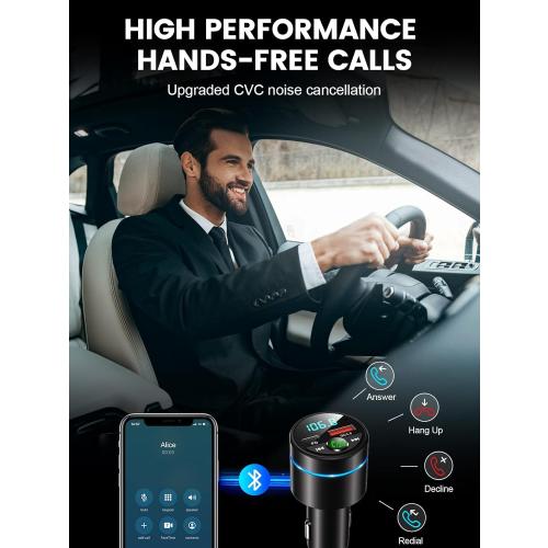 FM Transmitter for Car Bluetooth 5.3, [All-Metal] PD 30W & QC3.0 18W Fast Car Charger, Wireless FM Radio Car Kit Bluetooth Car Adapter, Noise Cancelling Hands-Free Call, Blue Light - Black