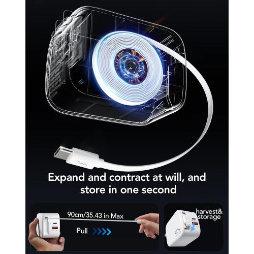 White Retractable Wall Charger,40W PD Fast USB C Charger Block with Retractable Type-C Cable,Portable Fast Charging Adapter with Foldable Plug for iPhone 16/15,iPad Pro 13,12.9,11 inch,Galaxy,Pixel