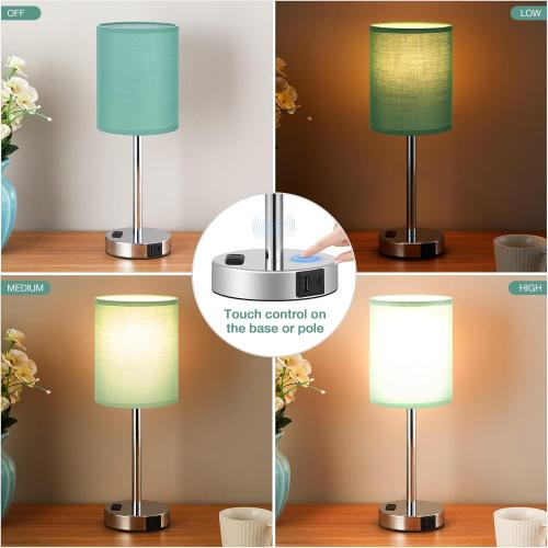 Innqoo Teal Touch Table Lamps Set of 2-3 Way Dimmable Bedside Lamp with USB C and A Ports and Outlets, Modern Nightstand Lamp with Silver Base, Small Bedroom Lamps for Kids Nursery