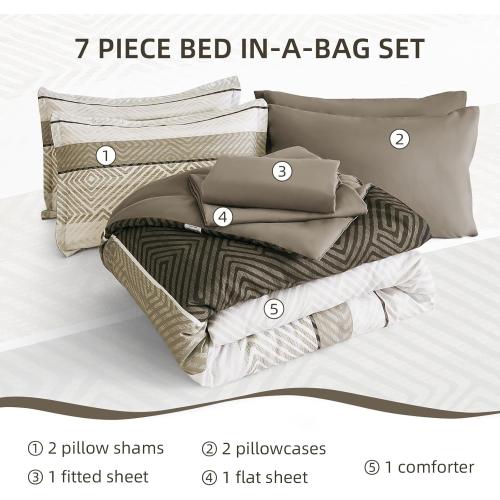 Drucon Brown Comforter Set King Size 7 Piece Bed in a Bag Striped Bedding Set Soft Microfiber Comforter and Sheet Set for All Season (King, 104x90)