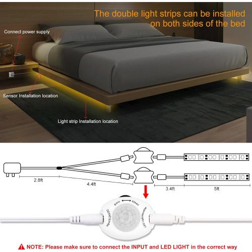 Vansky Motion Activated Bed Light, Flexible LED Strip Motion Sensor Night Light Bedside Lamp Illumination with Automatic Shut Off Timer (Warm Soft Glow)-Dual Light Strips Kit