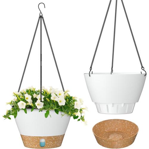 Hanging Planters for Indoor Plants, Hanging Baskets for Plants Outdoor with Visible Water Level, Hanging Flower Pots with Drainage Holes & Removable Tray(2 Pack, White)