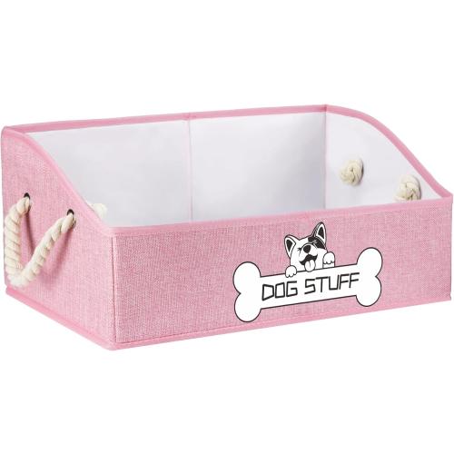 Collapsible Fabric Dog Toy Box and Storage Bin With Handle - Trapezoid Basket Chest Organizer for Pet Toys, Blankets and Accessories, Pink