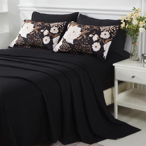 Yogeneg 7 Piece Bed in a Bag King Size Comforter Set Botanical Floral Bedding Set,White Flower Leaves Printed on Black Reversible Design,Soft Microfiber Comforter with Sheet Set,All Season(Black,King)