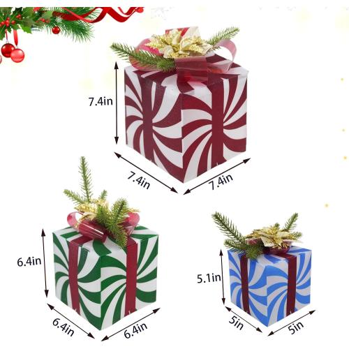 COLORFUL CANDY CANE Uieke Set of 3 Christmas Lighted Gift Boxes Christmas Decorations, 60 LED Lights Present Boxes Ornament with Red Green and Blue Stripe for Xmas Tree Indoor Yard Home Party Gift Box Decorations