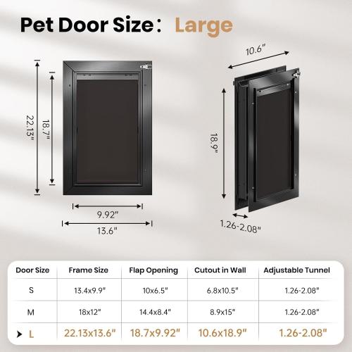 Black All Aluminum Dog Door for Exterior Door, Large Doggy Door, Heavy Duty Pet Door, Double Magnetic Flaps, Thermal Tnsulation, Energy Efficient, Sliding Lock Panel (Pets Up to 110Lb).