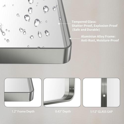 LOAAO 24X36 Inch Brushed Nickel Bathroom Mirror, Rounded Rectangle Silver Metal Frame Mirror, Brushed Nickel, Anti-Rust, Hangs Horizontally or Vertically