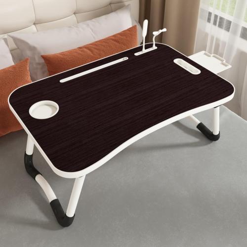 Portable Laptop Stand for Bed with Cup Holder, USB Fan, Night Light，Storage Drawer, Foldable Legs, Tablet Stand for Bed Sofa (Black Brown)