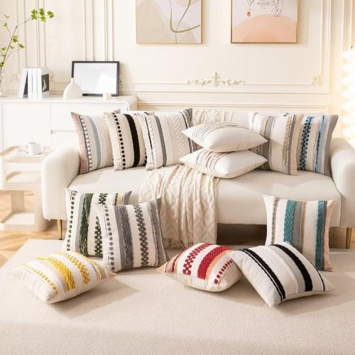 Boho Throw Pillow Covers 18x18 Set of 2 Farmhouse Decorative Cushion Case Striped Square Pillows Cover Chenille Pillow Cases Accent Neutral Pillowcase for Sofa Couch Bed,Orange-Gray