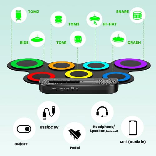 Electric Drum Set Built-in Speaker, Kids Drum Pad and Sticks, Portable Roll Up Drums Practice Pad for Kids, Great Birthday for Girls Boys