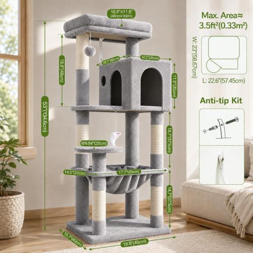 Globlazer Cat Tree Tower with Scratching Post for Indoor Cats, 53inch Tall Plush Multi-Level Cat Climbing Tower Condo House with Large Hammock, Spacious Cat Cave, Padded Top Perch Bed, F53, Light Gray
