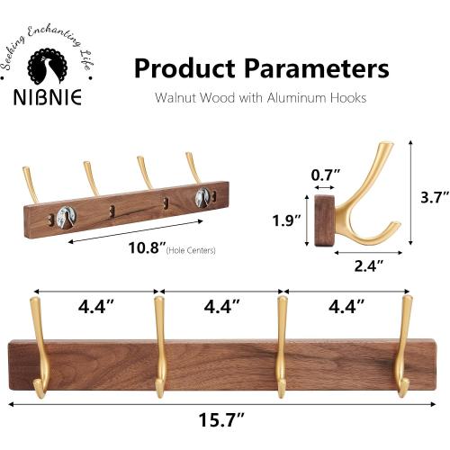 16 Inch Small Walnut Wood Coat Rack Wall Mount with 4 Hooks, Adhesive & Drilling Mounted, Heavy Duty Wooden Wall Coat Hanger Hanging Towel Clothes Hat Bag Purse Key Jacket Backpack Holder Gold