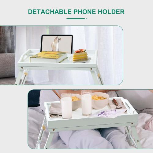 Bed Tray Table for Eating - Bamboo Breakfast Food Table with Phone Tablet Holder - Adjustable Height White Serving Tray with Folding Legs on Lap Sofa - Portable Laptop Snack Platter for Bedroom Picnic