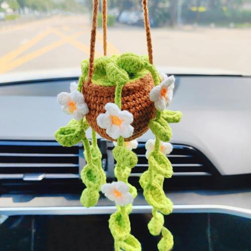 Potted Plants Crochet Rear View Mirror Accessories, Hand Crocheted (Glue Free) Safe Car Hanging Ornament, Cute Car Accessories for Women Interior
