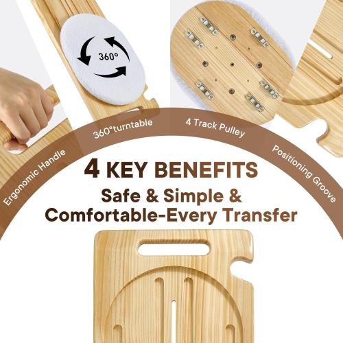 NEDVI Wooden Slide Transfer Board with Track Pulley Turntable – 500lb Weight Capacity for Seniors, Handicap, and Patient Wheelchair Transfers to Car,Bed,Toilet, Tub – Move Assist（31x11x1”)