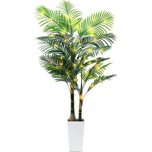6ft Artificial Golden Cane Palm Tree with LED Fairy Lights & White Tall Planter - Lifelike Faux Tropical Palm Plant with Realistic Trunk and Palm Leaves for Home Office Living Room Corner Decor