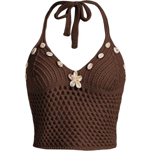 Verdusa Women's Halter Tops Boho Summer Crochet Shell Appliques Cami Shirts Tie Back Knit Crop Top.  Size small