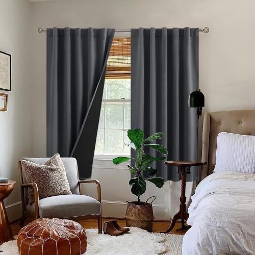 BGment 100% Grey Blackout Curtains for Bedroom 63 Inches Long, Double Layer Room Darkening Thermal Insulated Curtains with Liner Rod Pocket and Back Tab Panels(42 x 63 Inch, 2 Panels, Dark Grey)