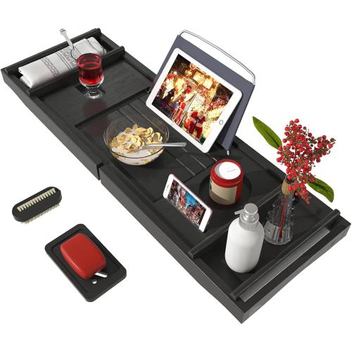 Black Bath Caddy Tray for Bathtub - Bamboo Adjustable Organizer Tray for Bathroom with Free Soap Dish Suitable for Luxury Spa or Reading(Black)