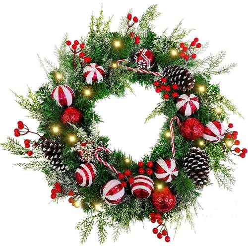 Christmas Door Wreath, Norfolk Pine Wreaths with Candy Cane Red and White Ball Pinecones Berries Reef for Front Door Wall Windows Xmas Ornament