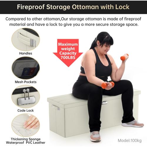 ENGPOW Storage Ottoman, Fireproof Folding Bench with Lock(15”x 43”x15”), Water-Resistant ＆ Heat Insulation Large Storage Chest with Handles＆2 Extra Spaces Safe for Living Room, Bedroom, Home, Beige