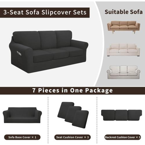 Easy-Going 7 Pieces Stretch Sofa Couch Cover, Large, Dark Grey | Washable Sofa Cover Set for 3 Backrest and Seat Cushion Couch Anti-Slip Sofa Slipcover Furniture Protector