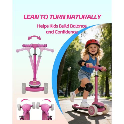 Kids Scooter for Toddlers Ages 2-5, 3 Wheel Scooter with Lean-to-Steer, Adjustable Handlebar, Anti-Slip Deck, Light-Up Wheels, Foldable First Scooter for Boys and Girls