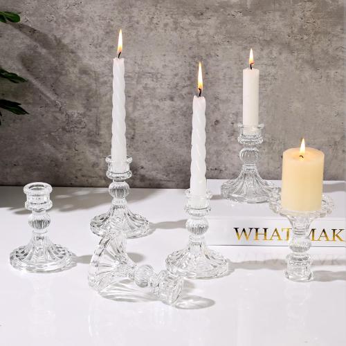 6 Pcs Clear Glass Taper Candle Holders – 4 Ribbed Candlestick Holders for Standard Candles | Elegant Centerpiece for Wedding, Party, Holiday & Home Decor
