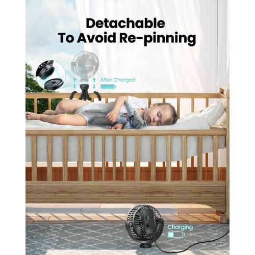 Gaiatop Mini Portable Stroller Fan, Battery Operated Small Clip on, Detachable 3 Speed Rechargeable, 360° Rotate Flexible Tripod Better Cooling for Car Seat Crib Treadmill Travel Black