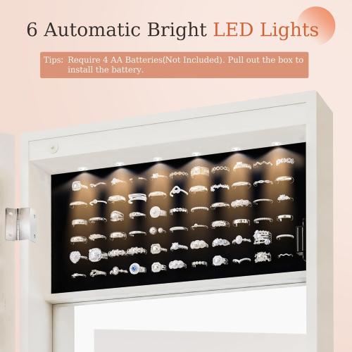 Unisakey Mirror Jewelry Cabinet,Lockable Wall or Door Mounted Jewelry Armoire Organizer With Built-up Mirror,LED Lights, Drawers,Cosmetic Trays,Shelves, 14.4x3.15x 43.1（White）