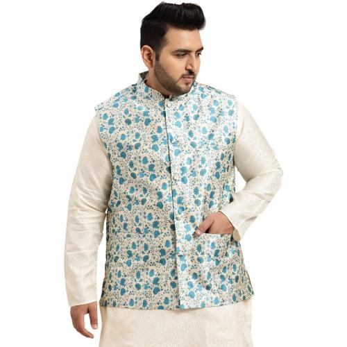 Size 54 color Beige with Blue flowers Sojanya PLUS (Since 1958), Men's Silk Blend Printed Nehru Jacket